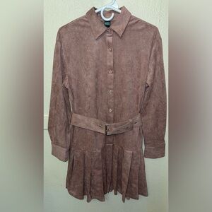 Brown Suede Button-Up Dress with Belt